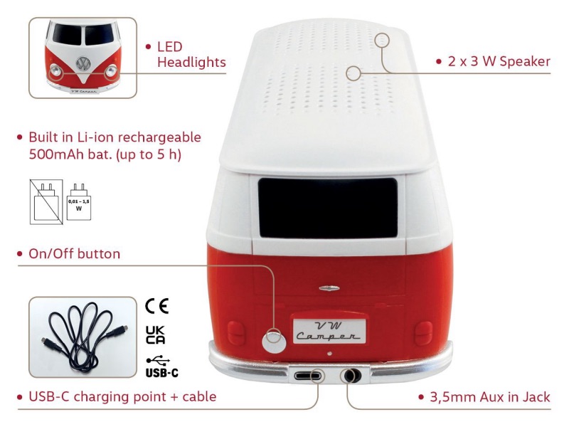 VW T1 Bulli Bus Bluetooth reproduktor 1:20, Mini-USB, 3,5mm AUX vstup